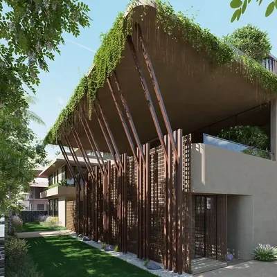 "The Sanctuary" is designed as a lightweight pavilion with a living, breathing facade. A lush green roof drapes over the structure, supported by angled timber columns, creating an architecture that is defined by and intertwined with nature.