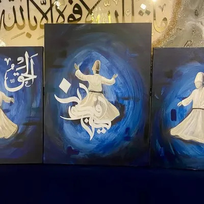 This is a triptych, a set of three canvases, that tells a story of spiritual dance. Each panel features a faceless whirling dervish against a deep blue background, surrounded by Arabic calligraphy that flows with their movement.
