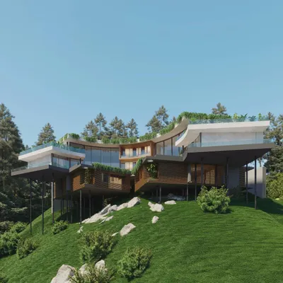 A render of an upcoming holiday retreat in Kasauli, designed to cascade down a steep hill. The structure uses stilts and cantilevered terraces to minimize its impact on the ground while providing every room with an unobstructed mountain view.