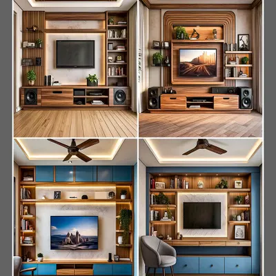 A collection of four innovative TV unit designs. I've played with different materials and layouts, from all-wood units with integrated speakers to modern blue and wood combinations, all providing ample storage.
