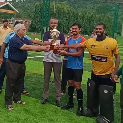 A moment of pure triumph as our team captains are presented with the championship trophy at the 1st Anushaktinagar Monsoon Hockey Tournament. This victory was a testament to our team's resilience and skill.
