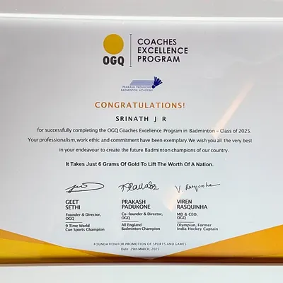 The official certificate from the prestigious OGQ Coaches Excellence Program, awarded to one of my chief coaches. This document, signed by legends like Prakash Padukone, represents a benchmark of quality I encourage my coaches to achieve.
