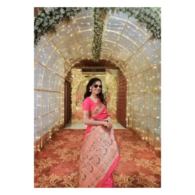 A full-length view of my attire for a recent wedding sangeet performance. The vibrant pink saree and elegant styling were chosen to match the festive and celebratory atmosphere of the event.