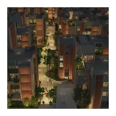 An aerial view of our 'Weaving a Fabric' housing project in Bengaluru, designed as a complex Nolli map of private and public spaces. The master plan focuses on creating an interconnected network of streets, courtyards, and plazas.