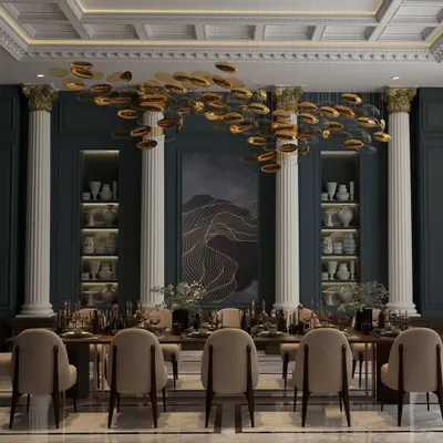 This dramatic dining room combines neoclassical elements like columns and a coffered ceiling with a bold, modern sensibility. The deep teal walls and a sculptural gold chandelier create an unforgettable setting for entertaining.