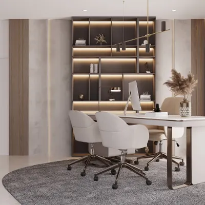 This home office is designed for executive elegance. A large white desk is paired with comfortable, upholstered chairs on a circular rug. The backdrop is a floor-to-ceiling bookshelf with integrated lighting, creating a space that is both highly functional and visually impressive.
