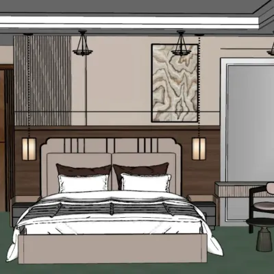 Our design process starts with a 2D sketch to outline the layout and furniture placement. This is the initial concept for a sophisticated master bedroom.