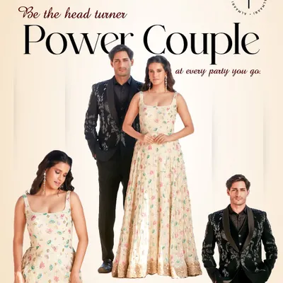 Be the head-turner power couple at every party. I love curating complementary looks for him and her, like this floral gown and embroidered blazer combination.