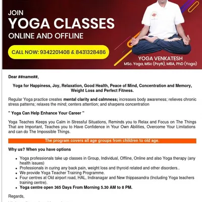 This poster provides a comprehensive overview of our online and offline yoga classes. It details the benefits of regular practice, such as mental clarity and calmness, and explains how we cater to all age groups and health needs, with four centers open 365 days a year.