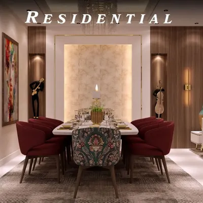 A formal dining area that exudes luxury. The setup includes a large dining table, plush velvet chairs in deep red, and a custom patterned head chair. The space is enhanced by wooden wall paneling with built-in niches for decor.