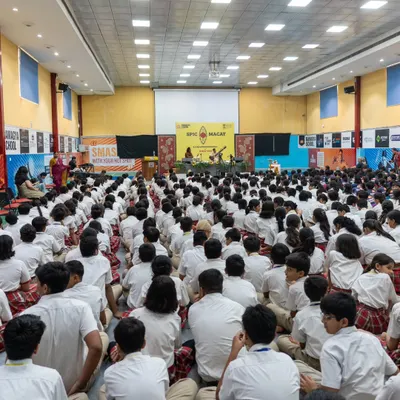 A wide view of the auditorium at Ramagya School, filled with students during a SPIC MACAY lecture-demonstration. It is always inspiring to perform for such a large and attentive young audience.