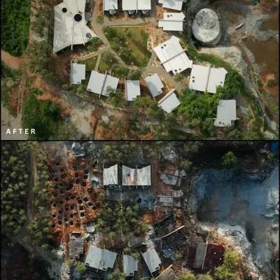 This before-and-after aerial view shows the transformation of a raw, challenging site into a thoughtfully designed eco-resort. The layout respects the existing terrain, with structures carefully placed to blend in.