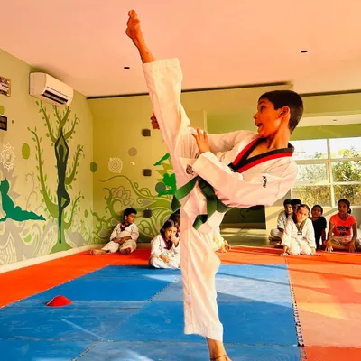 "Don't limit your challenges, challenge your limits." This student demonstrates a perfect side kick, showcasing incredible height, balance, and form.