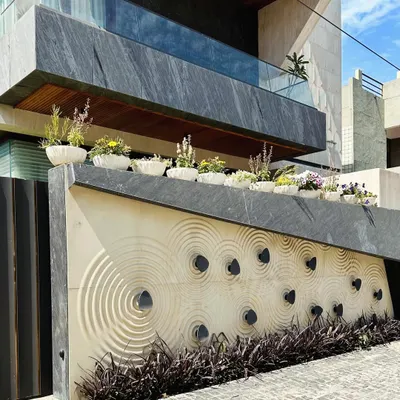A stunning architectural detail. This boundary wall in Faridabad features a custom CNC-carved stone panel with a concentric circle pattern, topped with a row of flowering plants in matching pots.