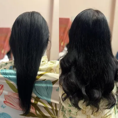 A fantastic transformation adding both volume and length. The client's hair went from thin and straight to full with beautiful, styled waves.