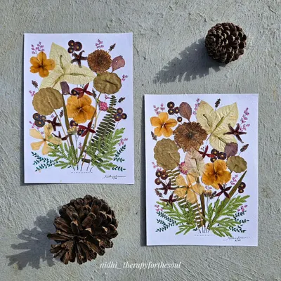 Two of my pressed flower art pieces, created with leaves and petals collected from my travels. Both of these original artworks are available for sale.
