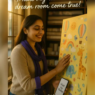 A happy client reviewing a cheerful and colorful kids' room wallpaper design featuring cartoon animals, hot air balloons, and a bright yellow background.