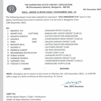 This is what we work for. The official KSCA document announcing the selection of our players for the Under 14 Inter-Zonal Tournament.