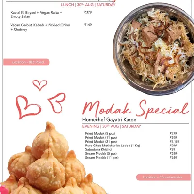 Catering to your dietary needs with flavour. This menu features a vegan Kathal Ki Biryani with vegan raita, alongside a Modak Special for the festive season.