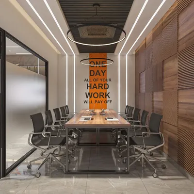 This conference room for Presto Instruments was designed to motivate. Featuring bold wood paneling and inspirational wall graphics, it's a space built for focused discussions and big decisions.