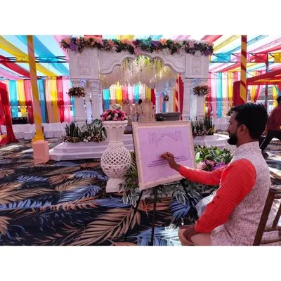 Here I am during the process of a live wedding painting. I set up my easel at the venue and paint the scene as it unfolds, capturing the vibrant atmosphere of the ceremony.