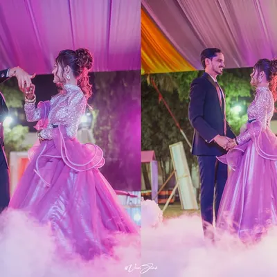 The couple's romantic dance performance, complete with a magical low-lying fog effect. I use creative techniques to make your sangeet photos look like a fairytale.