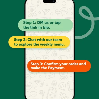 Ordering is as easy as 1-2-3. Just DM us, explore the weekly menu with our team, and confirm your order. Fresh, home-style meals are just a message away.