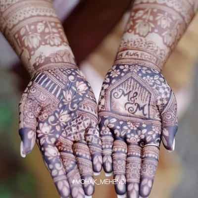 This is the magic of a deep, dark henna stain. This close-up shows the incredible color achieved with my natural henna, highlighting the personalized initials and intricate patterns of a bridal design.