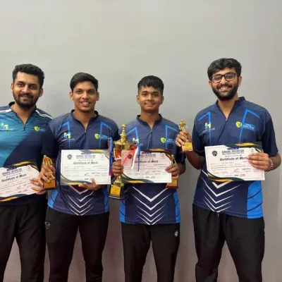 Our Men's Division 1 champions from the TSTTA Inter-Club Tournament. This victory by Chitrax, Tanmay, Parth, and Harsh showcases the high level of our senior players and coaches.
