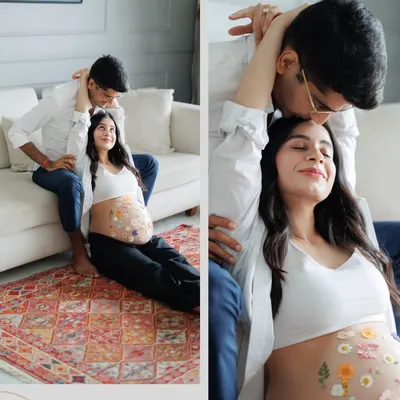 Wrapped in love in the comfort of their own home. This collage shows the sweet, playful moments between a couple during their cozy at-home maternity session.
