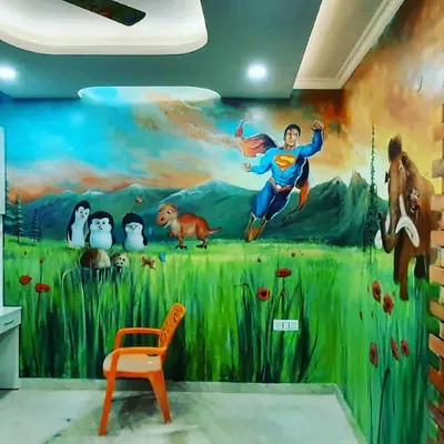 A full view of a completed kids' room project. The hand-painted mural covers the entire wall, creating a vibrant landscape where superheroes, dinosaurs, and friendly animals coexist.