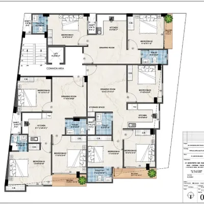 This is the floor plan for a 500 sq. yard G+6 apartment building on an irregular plot. Our plan successfully incorporates multiple compact flats, demonstrating our expertise in space optimization under challenging conditions.