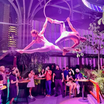 A beautiful moment from a duo performance on the aerial hoop. This kind of synchronized work relies on both artists having a deep understanding of their flexibility and control, especially in poses like this shared split.