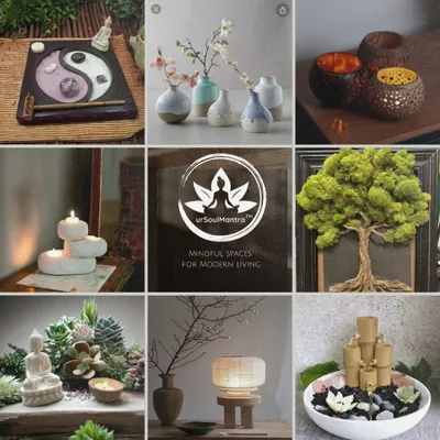 A mood board showcasing the essence of mindful spaces for modern living. It features a mix of my products, from Zen gardens to bamboo fountains, all designed to bring tranquility home.