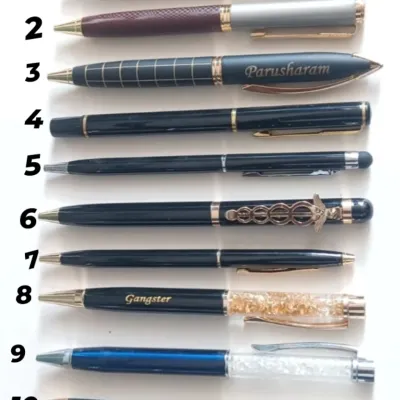 I offer a wide variety of pens that can be personalized with a name. This image shows 10 different styles you can choose from, including some with gold flakes and stylus tips.