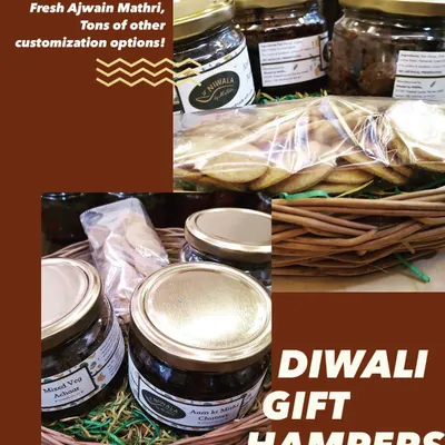 Announcing my special Diwali Gift Hampers. Each basket can be customized with three pickles of your choice and fresh Ajwain Mathri, making it a personal and delicious gift for your loved ones.