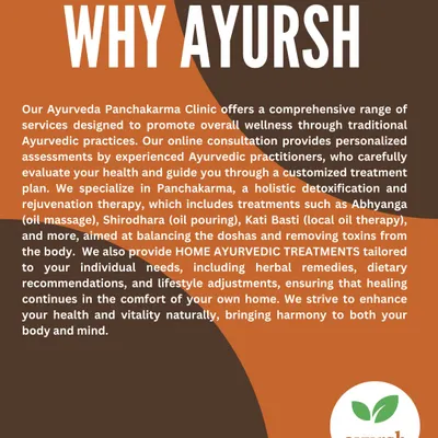 This explains our core philosophy. We specialize in Panchakarma, a holistic detoxification therapy, and provide personalized online consultations and home remedies. Our goal is to bring harmony to your body and mind in the comfort of your own home.