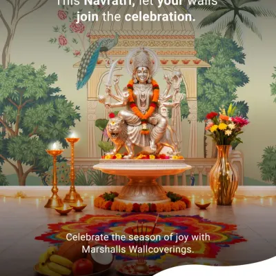This Navratri, let your walls join the celebration. This image showcases a beautiful festive setup with a Durga idol, with our traditional patterned wallcovering providing the perfect celebratory backdrop.