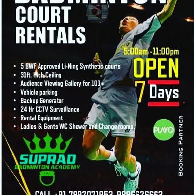 This flyer provides a quick summary of my facility's key features, including the 5 BWF-approved courts, high ceilings, and ample parking, making it ideal for corporate court rentals.