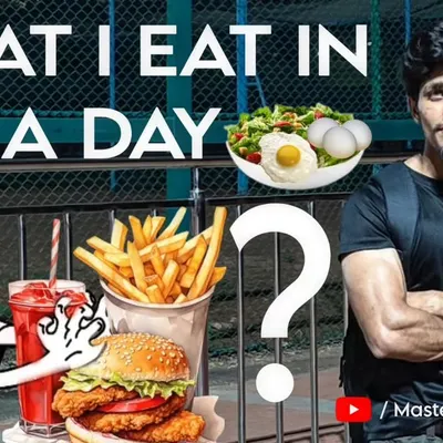 A thumbnail from my "What I Eat in a Day" video. I show that a healthy diet doesn't have to be boring and explain how to eat for performance and results, avoiding junk food.