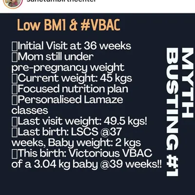 VBAC Myth Busting #1: Low BMI. This mother, with a focused nutrition plan and Lamaze classes, had a victorious VBAC at 39 weeks, birthing a 3.04 kg baby after a previous C-section for a 2 kg baby.