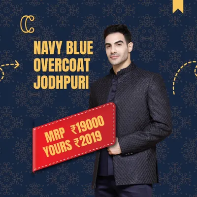A navy blue Jodhpuri overcoat that originally retailed for ₹19,000, now available for you to own at just ₹2019. This is the smart way to build a luxury wardrobe.