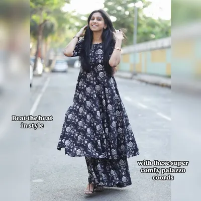 Beat the heat in style with these super comfy palazzo co-ords. The flowing pants and matching kurta are made from lightweight printed cotton, your perfect companion for hot summer days.