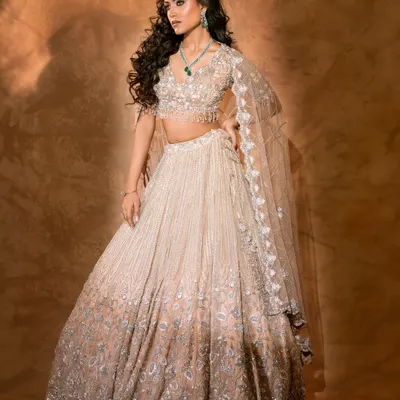 A full-length view of a breathtaking beige lehenga with silver embroidery. The soft lighting and gentle pose create an aura of timeless elegance.