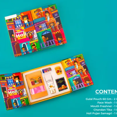 Brighten your brand's presence this Holi with my customized hampers. This set includes gulal pouches, face wash, a mouth freshener, and other festive essentials.
