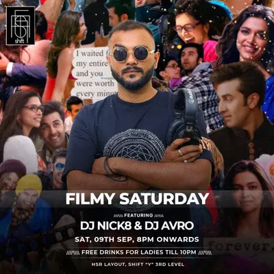 Filmy Saturday is all about the drama and energy of Bollywood. This poster shows a typical weekend gig where I team up with another DJ to bring non-stop desi hits, with special offers like free drinks for ladies to kickstart the night.
