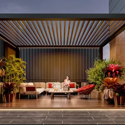 This design showcases a luxurious rooftop terrace with a modern pergola, comfortable lounge seating, and dramatic planters. It's the perfect urban oasis for hosting gatherings or enjoying a quiet evening outdoors.