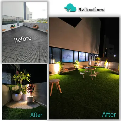 This before and after collage shows the dramatic transformation of a bare commercial terrace. I turned a stark, empty area into a lush, inviting green lounge for employees and clients using durable artificial grass, strategic lighting, and potted plants, making the space functional day and night.