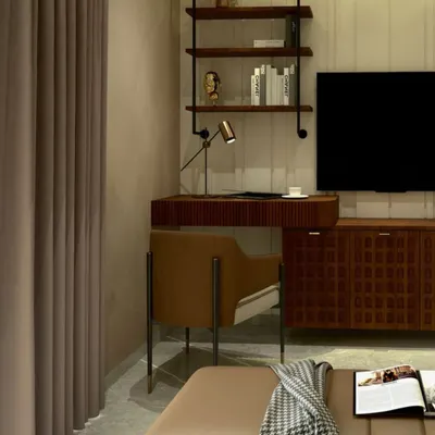 This bedroom corner is transformed into a functional and stylish workspace. A floating wooden desk, an elegant chair, and industrial-style shelving provide a dedicated area to learn, grow, and thrive.
