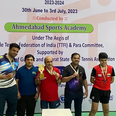 Our para-athlete Gajanan Parmar on the winner's podium with fellow medalists after winning gold at the UTT 1st Para Table Tennis National Ranking Championship in Ahmedabad.
